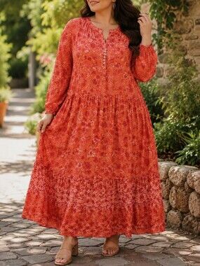Free People See It Through Coral Floral Maxi Dress Button Placket Boho Romantic